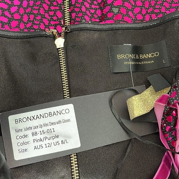 Bronx and Banco Juliette Lace Up Mini Dress & Gloves in Pink & Purple Size L - Picture 15 of 16